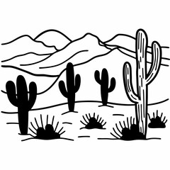 Obraz premium Arizona desert with cacti and mountains, simple black line art coloring page for kids, coloring page
