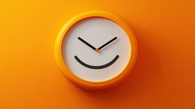 Happy clock on orange wall; time management concept