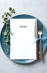 Clean menu card mockup with eucalyptus and silver cutlery