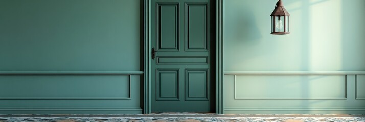 Elegant Green Room Interior With Paneled Walls And Door