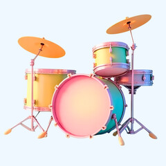 Isolated on white, a drum kit features a snare drum, cymbals, and drumsticks, ready for a rock concert or jazz performance