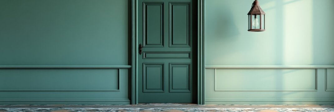 Elegant Green Room Interior With Paneled Walls And Door