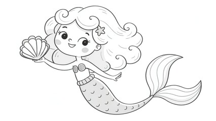 Cute mermaid holding a shell and smiling.