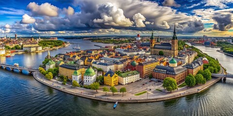 Stockholm Sweden Summer Panorama: 360 Aerial Cityscape Cloudy Day