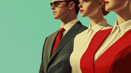 A man and woman stand side by side, dressed in formal attire. Their expressions reflect confidence and poise, embodying a sense of professionalism. The color palette is bold yet minimalistic.