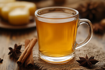 glass of tea with ciamon behind it