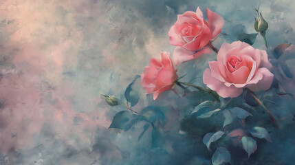 Vintage grunge background with pink roses and a romantic floral bouquet