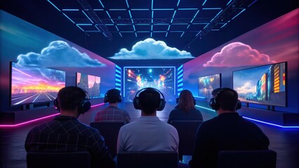 Cloud Gaming and Esport Concept. A vibrant gaming setup with illuminated screens and players wearing headphones, immersed in a digital environment.