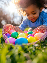 Fototapeta premium Child searching Easter eggs in a basket in a park. Possible use Children's activities