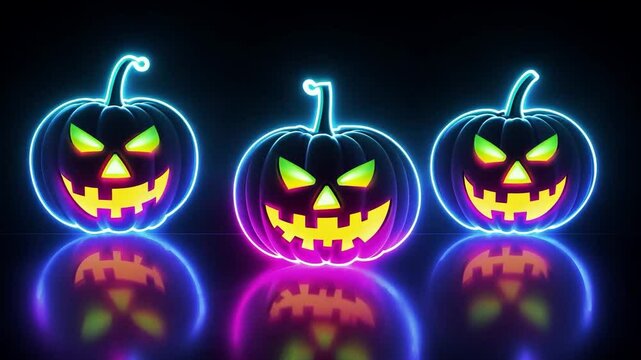 Neon glowing Halloween pumpkins with spooky faces and colorful light effects