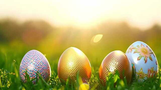 Easter eggs on grass with sunlight and bokeh effect