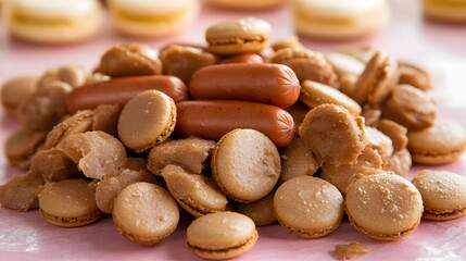 Obraz premium Delicious Brown Macarons and Mini Sausages Sweet and Savory Pastry Treats