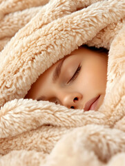 Close-up of a young person sleeping, wrapped in a beige fluffy blanket.  Possible use stock photo for relaxation, sleep, comfort