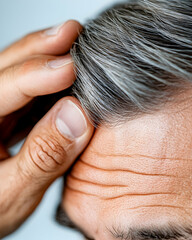 Close-up of Man's Hand Touches Gray Hair