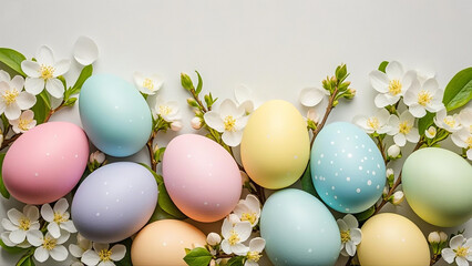 Easter background with Easter eggs and spring flowers. floral background, Beautiful Flowers Photos. Top view copy space