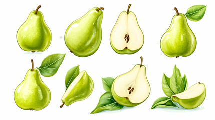 Collection of Realistic Green Pears with Leaves