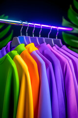 Obraz premium Colorful clothes on hangers, neon light, tropical leaves. Fashion display