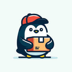 Cute Penguin Delivery Mascot in Flat Illustration Style