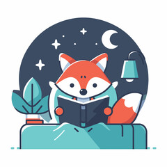 Cute Fox Reading Under Night Sky in Vector Illustration