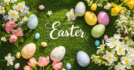 Easter background with Easter eggs and spring flowers. floral background, Beautiful Flowers Photos. Top view copy space. green background