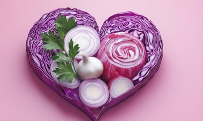 Fototapeta premium A heart-shaped arrangement of purple cabbage and onions on a pink background, showcasing vibrant colors and fresh ingredients, ideal for culinary and health-related content