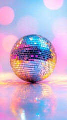 Colorful disco ball reflecting vibrant lights with a dreamy pastel background. Generative AI