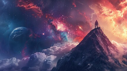 Under the glow of countless stars, a man stands on a mountain peak, mesmerized by the infinite universe surrounding him.