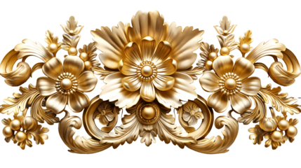 Golden Floral Ornament Baroque Design, Luxury Decorative Element for Royal Themes, isolated on transparent background.