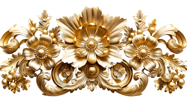 Golden Floral Ornament Baroque Design, Luxury Decorative Element for Royal Themes, isolated on transparent background.
