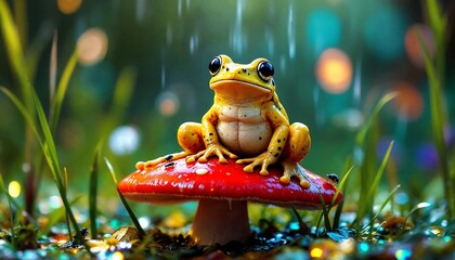 Yellow Frog Resting on Red Mushroom in Green Meadow Raining