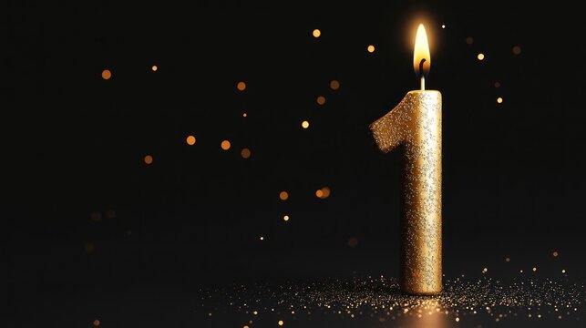 Glittering gold candle number one, dark background, celebration