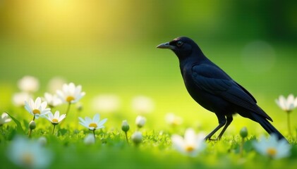 Fototapeta premium Dark bird against bright white flowers, vibrant spring scene , image, natural, wildlife