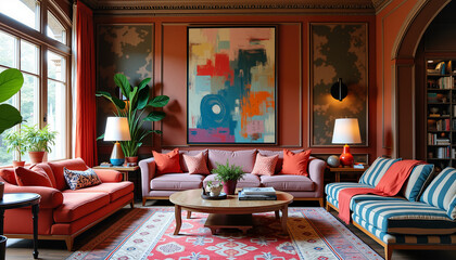 Eclectic maximalist living room with vibrant colors and patterns, lively atmosphere