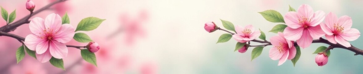 Obraz premium Delicate pink cherry blossoms, green leaves, watercolor style , soft pink, art, background