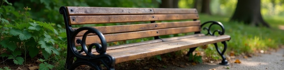 Fototapeta premium Durable metal-framed bench, weathered wood slats , weathered, functional