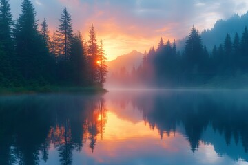 Fototapeta premium A peaceful lake reflecting the lush, tall pines in its still waters. 