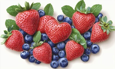Fototapeta premium A vibrant arrangement of strawberries and blueberries with fresh mint leaves on a light background