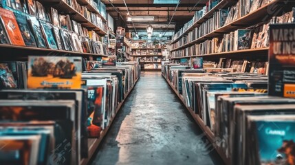 Aisle of Books and Records in Vintage Bookstore