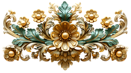 Gold Green Floral Ornament Baroque Design, Luxurious Art Frame for Rococo Themes, isolated on transparent background.