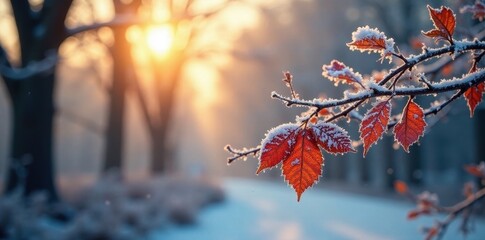 Frost-covered branches, autumn leaves, crisp morning light, icy, texture, macro