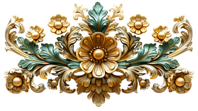 Gold Green Floral Ornament Baroque Design, Luxurious Art Frame for Rococo Themes, isolated on transparent background.