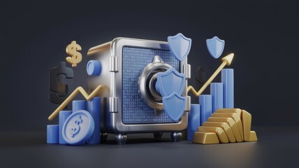 Financial prevention tools concepts. A digital illustration of a safe surrounded by financial symbols and growth charts.