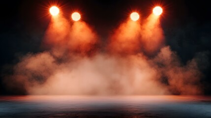 Obraz premium Two bright orange spotlights illuminate a smoky, dark room, casting a hazy orange glow on a flat, gray floor.