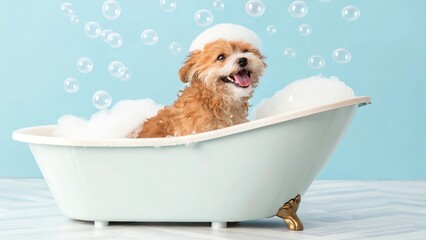 Happy dog enjoying a bubble bath in tub.