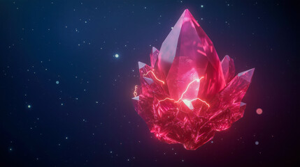 Glowing crystal formation with internal light, surrounded by a field of stars.