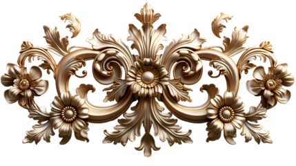 Golden Floral Ornament Baroque Style, Luxurious Art Motif for Decorative Themes, isolated on transparent background.