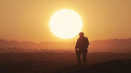 Fototapeta premium A Soldier's Reflection Against the Golden Horizon