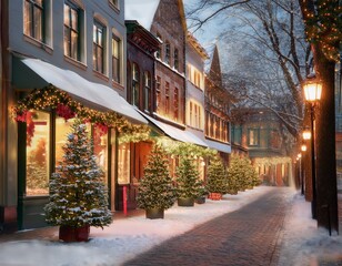 Generated image charming winter street scene featuring quaint storefronts adorned with twinkling christmas