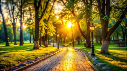 Fototapeta premium Cobblestone path winds through a sun-dappled park; tilt-shift photography creates a dreamy, miniature world.