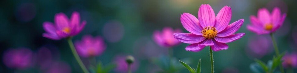 Obraz premium Starburst cosmos flowers, deep purple hues, against blurred green , summer, botany